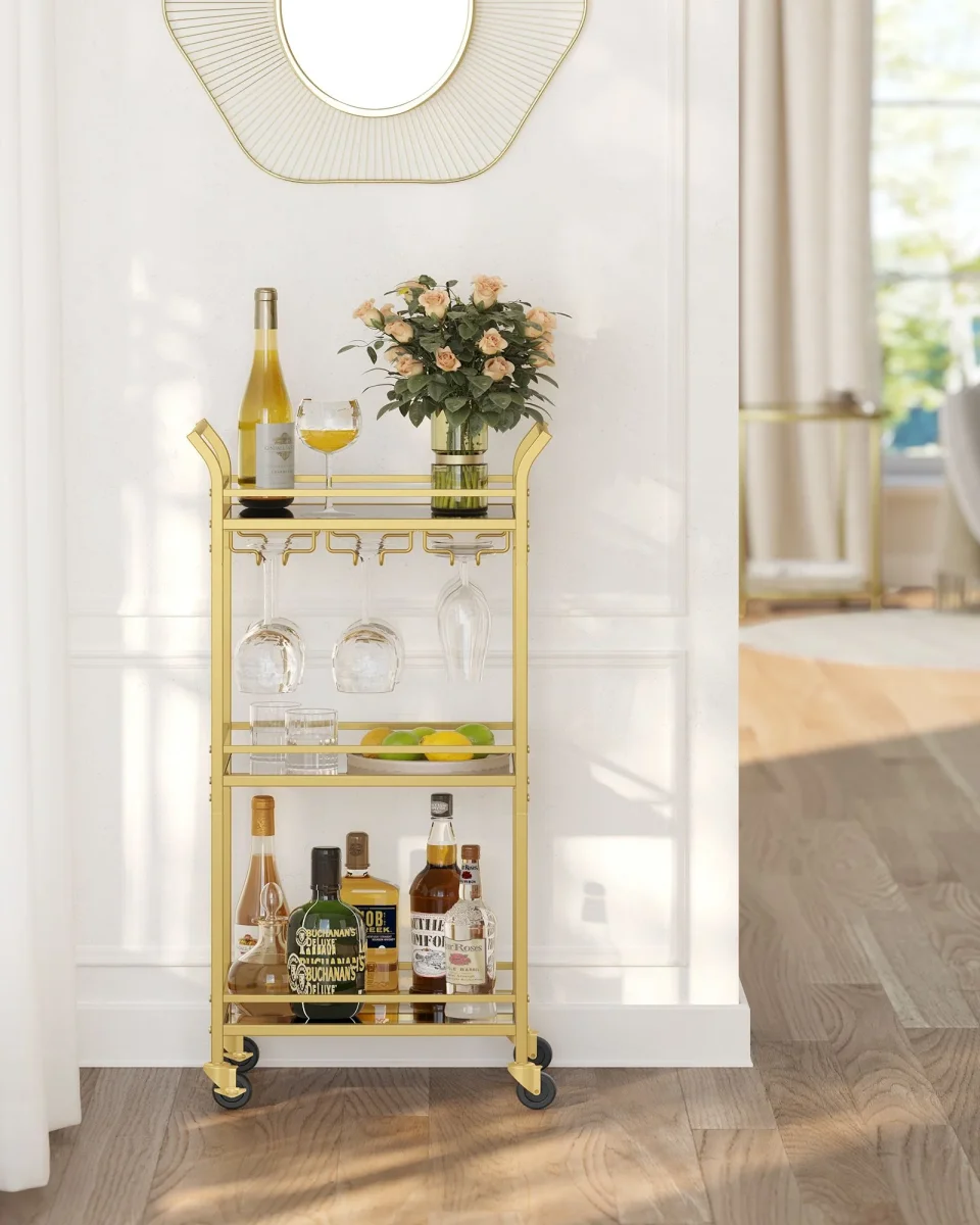 Keukentrolley – Serveerwagen Drielaags op Wielen – Spiegelende Glazen Planken – Voor Keuken, Eetkamer en Bar - Afbeelding 4