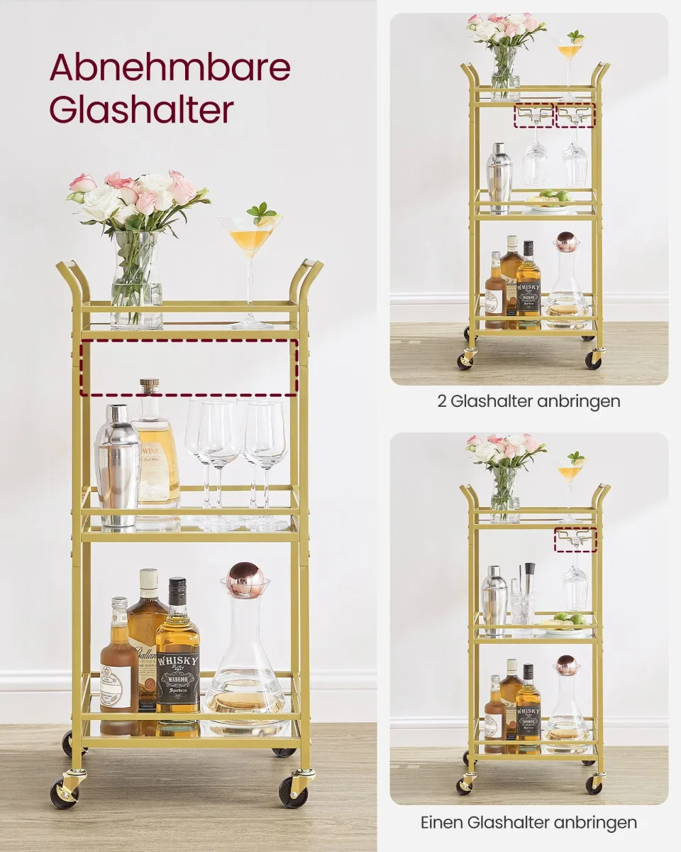 Keukentrolley – Serveerwagen Drielaags op Wielen – Spiegelende Glazen Planken – Voor Keuken, Eetkamer en Bar - Afbeelding 7