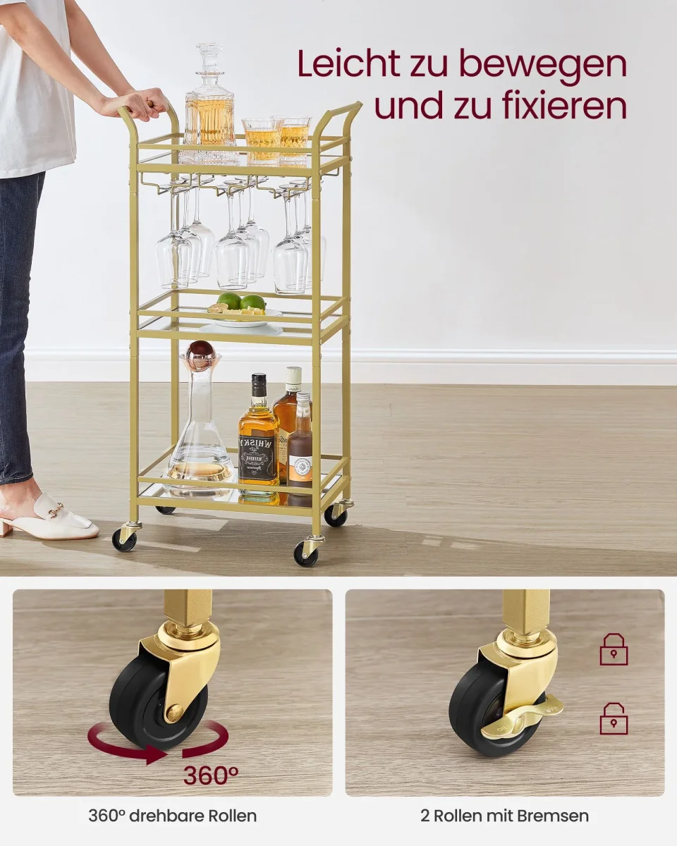Keukentrolley – Serveerwagen Drielaags op Wielen – Spiegelende Glazen Planken – Voor Keuken, Eetkamer en Bar - Afbeelding 9