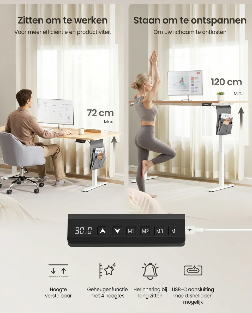 Zit Sta Bureau Elektrisch 180 x 80 cm – In Hoogte Verstelbaar – 4 Geheugenstanden – USB-C – Kabelbeheer - Afbeelding 7