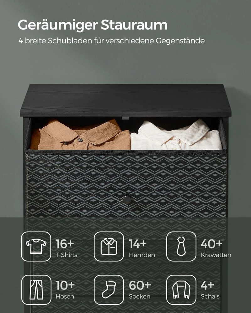 Ladekast Zwart-Wit – Opbergkast met 5 Stoffen Lades – Geometrisch Design – Metalen Frame – 99 cm Hoog – Tot 63,5 kg Draagvermogen - Afbeelding 4