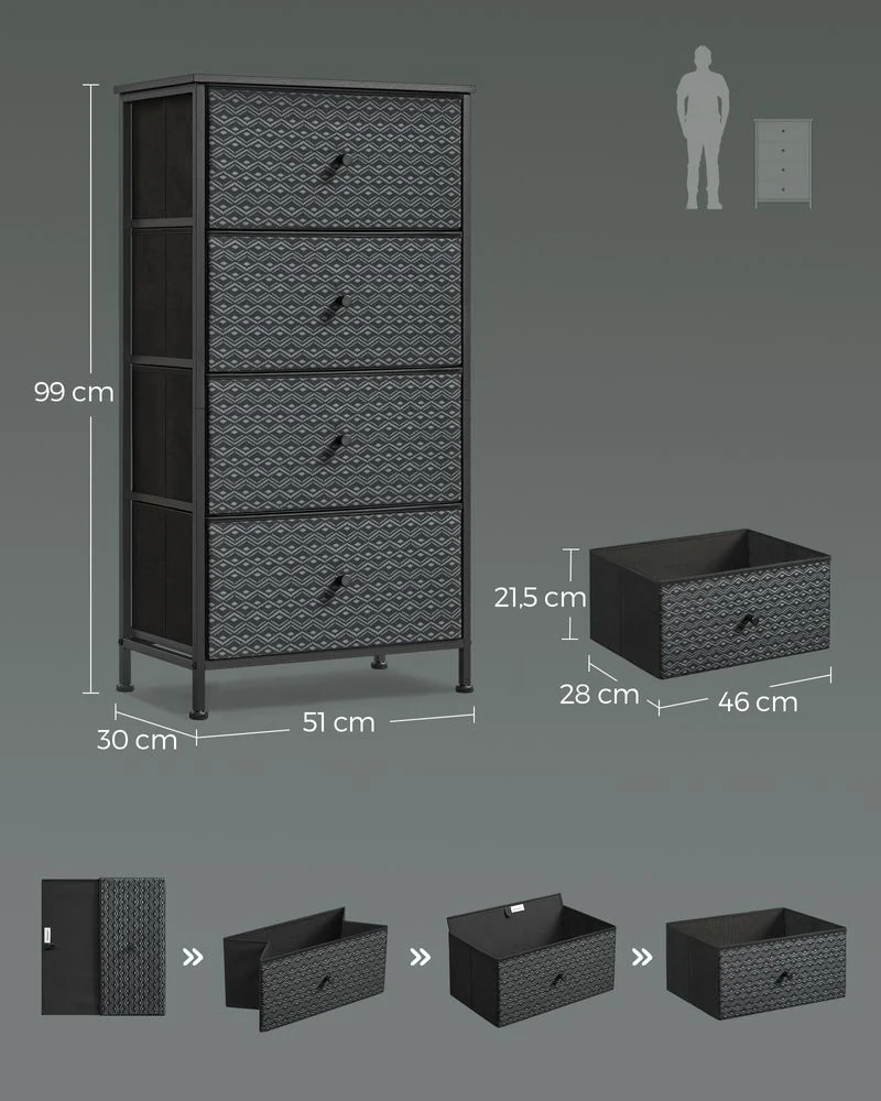 Ladekast Zwart-Wit – Opbergkast met 5 Stoffen Lades – Geometrisch Design – Metalen Frame – 99 cm Hoog – Tot 63,5 kg Draagvermogen - Afbeelding 6
