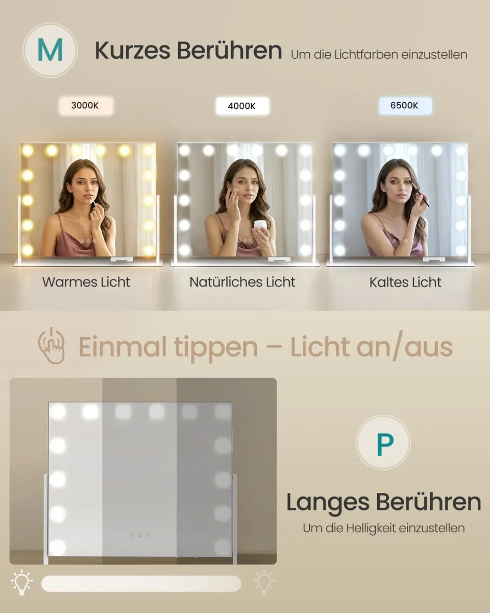 Make-Up Spiegel - 14 LED Lampen - Met USB Lader En Touch Bediening - Afbeelding 4