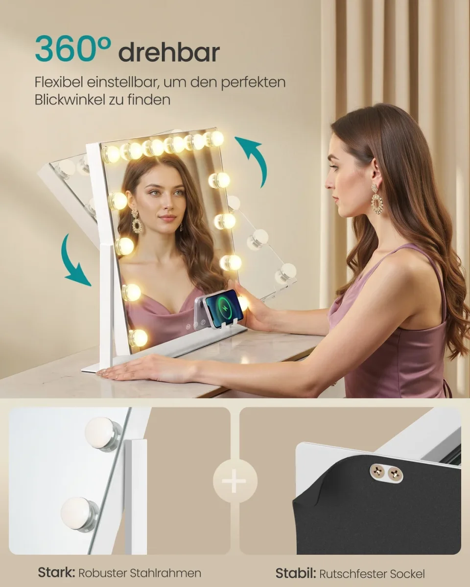 Make-Up Spiegel - 14 LED Lampen - Met USB Lader En Touch Bediening - Afbeelding 5