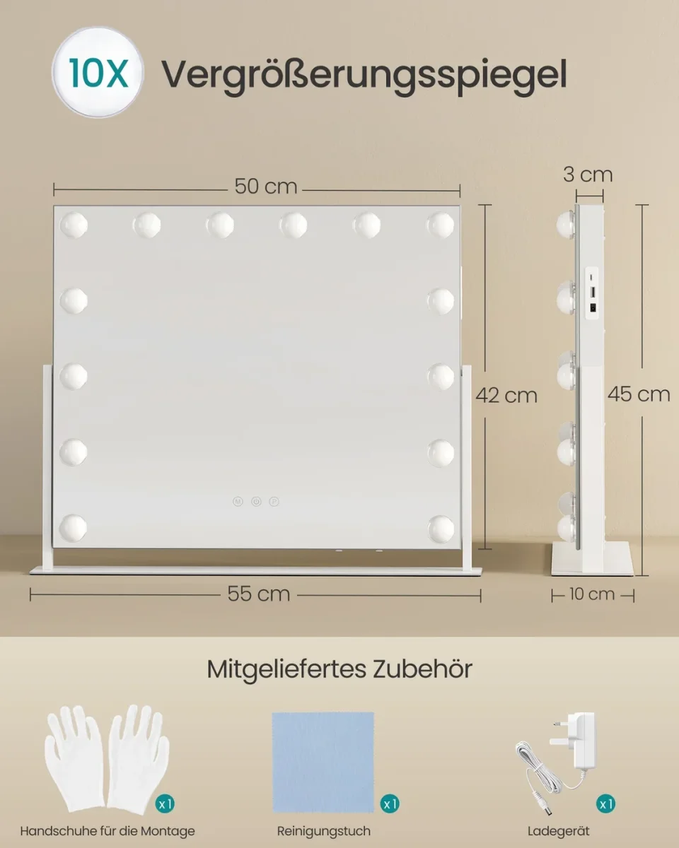 Make-Up Spiegel - 14 LED Lampen - Met USB Lader En Touch Bediening - Afbeelding 6