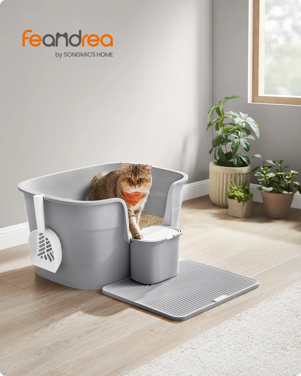 Extra Grote Kattenbak met Hoge Wanden – Inclusief Litter Catcher, Opbergbox en Schep – Voor Grote Katten tot 15 kg – Duifgrijs - Afbeelding 6