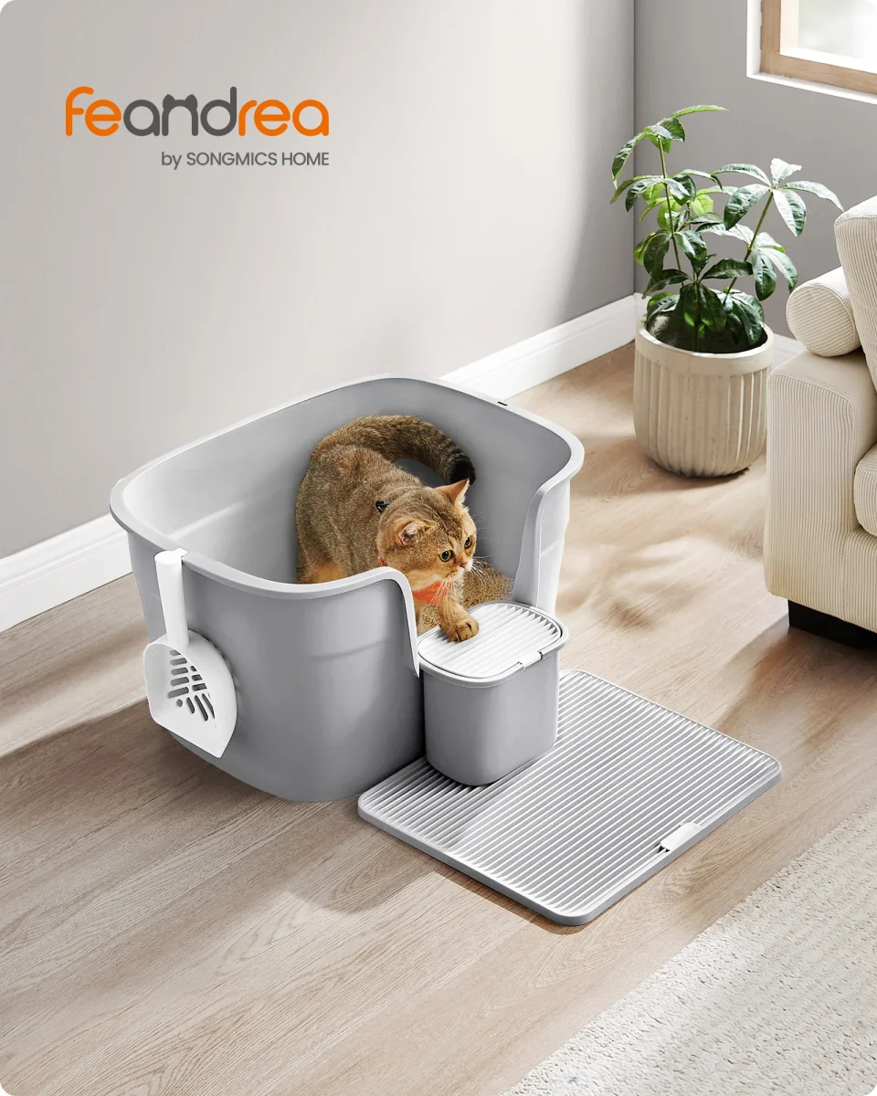 Extra Grote Kattenbak met Hoge Wanden – Inclusief Litter Catcher, Opbergbox en Schep – Voor Grote Katten tot 15 kg – Duifgrijs - Afbeelding 7