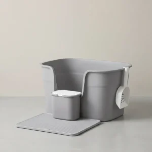 Extra Grote Kattenbak met Hoge Wanden – Inclusief Litter Catcher, Opbergbox en Schep – Voor Grote Katten tot 15 kg – Duifgrijs