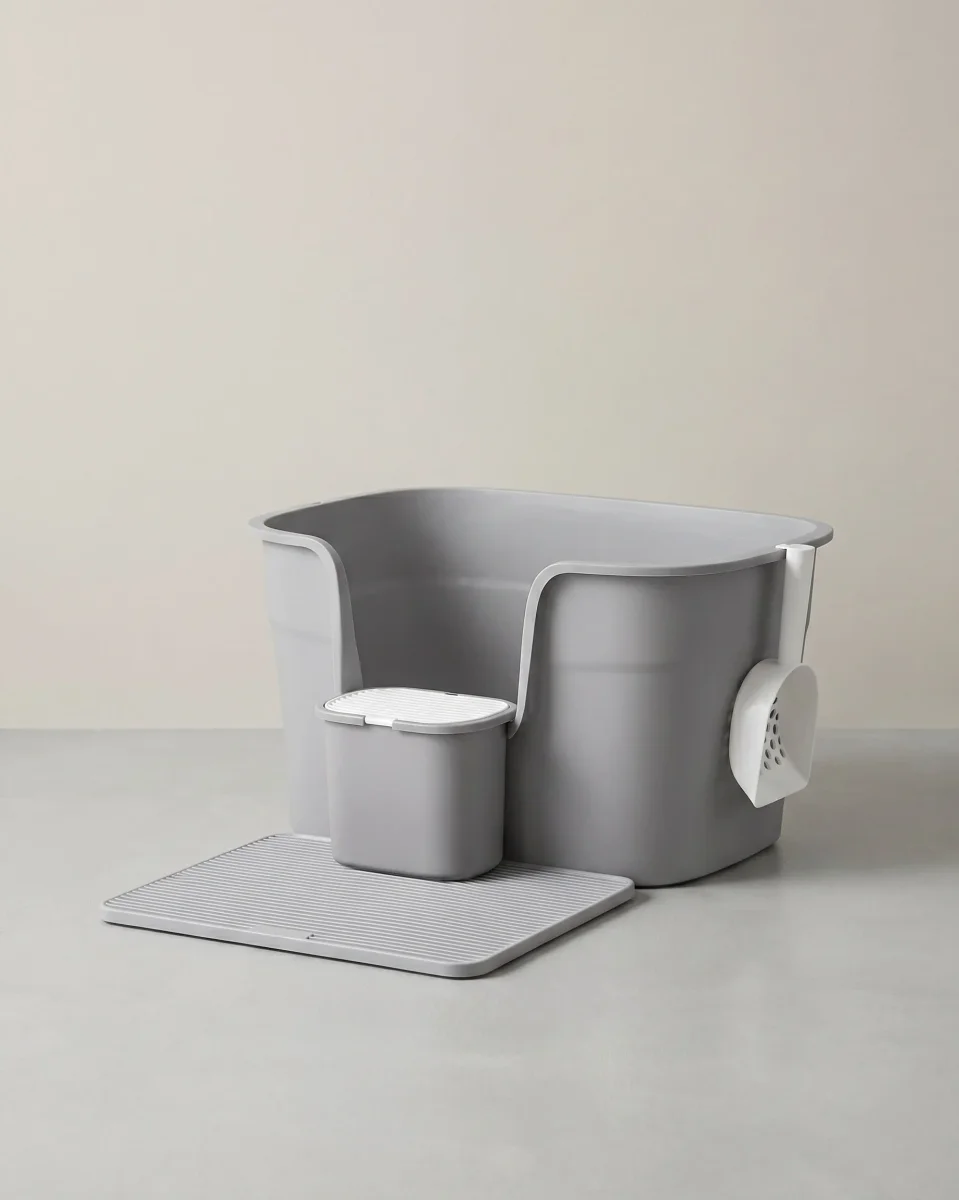 Extra Grote Kattenbak met Hoge Wanden – Inclusief Litter Catcher, Opbergbox en Schep – Voor Grote Katten tot 15 kg – Duifgrijs