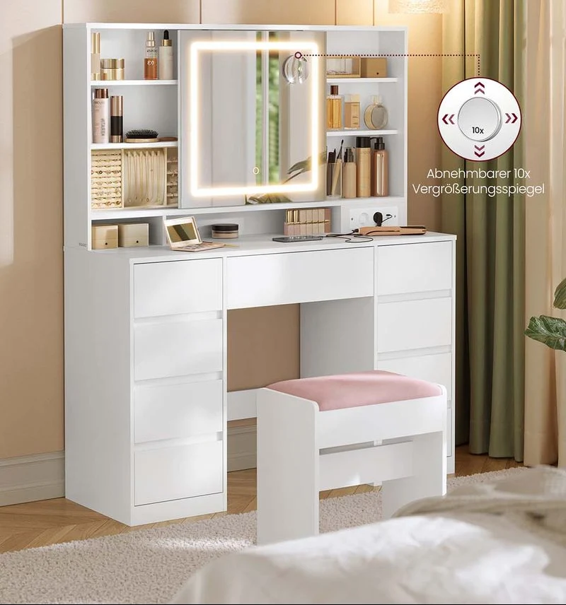 Kaptafel met LED-Spiegel – 9 Lades – 110 cm Wit – Make-uptafel met 3 Lichtkleuren & 10x Vergrotende Spiegel - Afbeelding 4