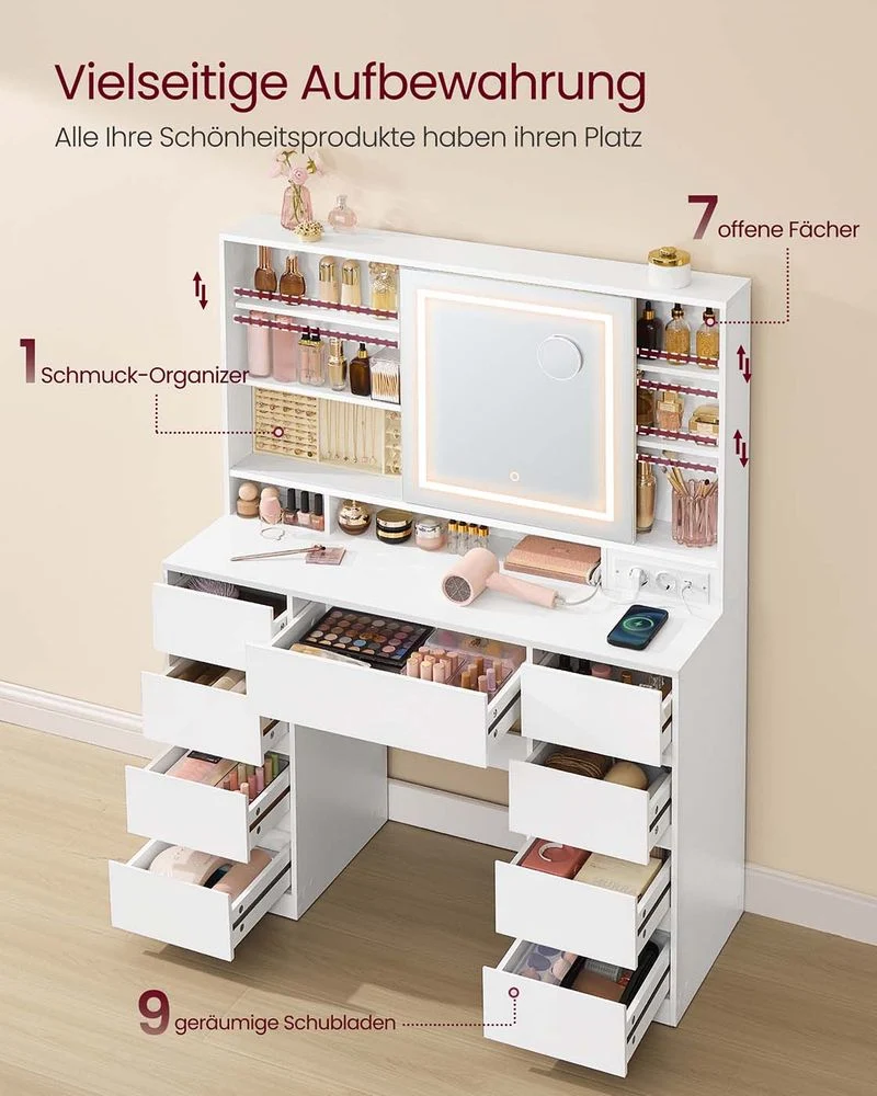 Kaptafel met LED-Spiegel – 9 Lades – 110 cm Wit – Make-uptafel met 3 Lichtkleuren & 10x Vergrotende Spiegel - Afbeelding 9
