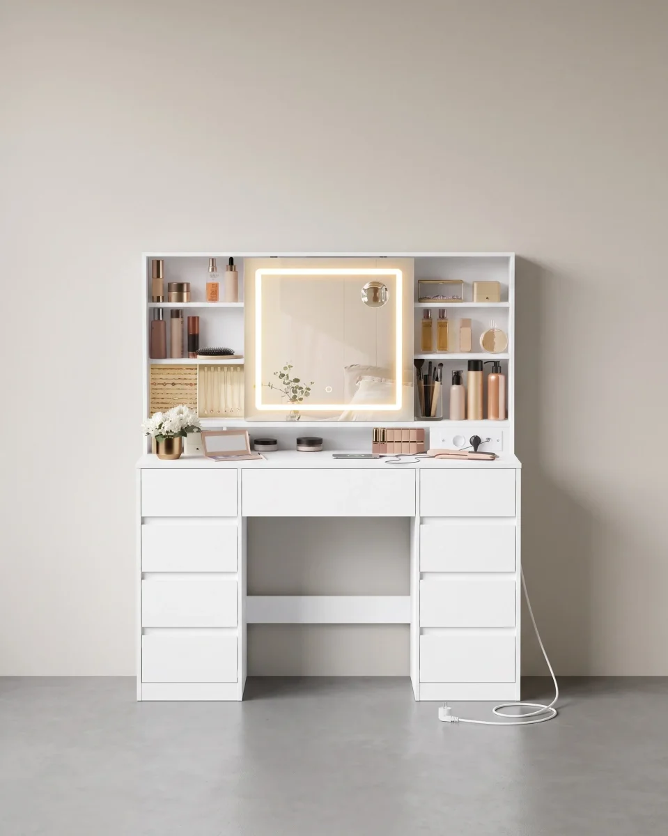 Kaptafel met LED-Spiegel – 9 Lades – 110 cm Wit – Make-uptafel met 3 Lichtkleuren & 10x Vergrotende Spiegel