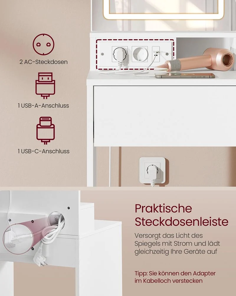 Kaptafel met LED-Spiegel en Stopcontacten – KAILYN-collectie - Afbeelding 5