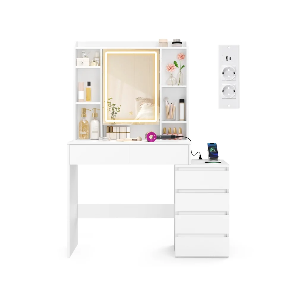 Kaptafel Met LED-Spiegel En Stopcontactstrook - Compact Ontwerp - Praktische Opberglades - Afbeelding 3