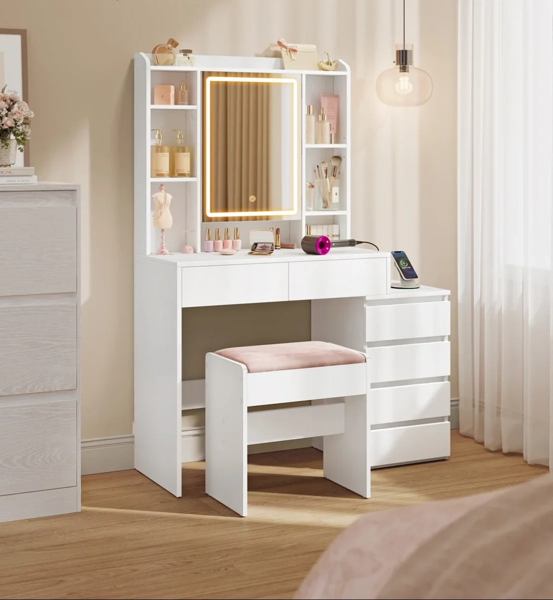 Kaptafel Met LED-Spiegel En Stopcontactstrook - Compact Ontwerp - Praktische Opberglades - Afbeelding 4