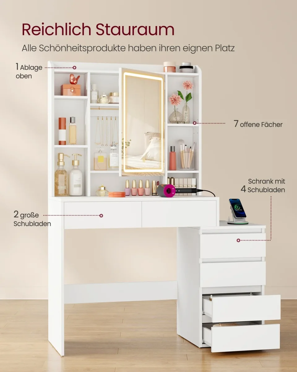 Kaptafel Met LED-Spiegel En Stopcontactstrook - Compact Ontwerp - Praktische Opberglades - Afbeelding 5