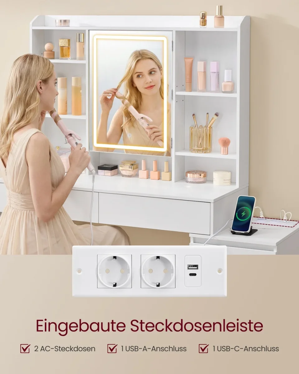 Kaptafel Met LED-Spiegel En Stopcontactstrook - Compact Ontwerp - Praktische Opberglades - Afbeelding 6
