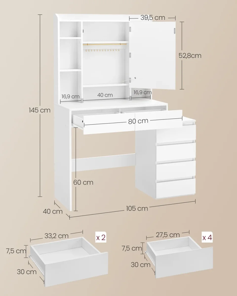 Kaptafel Met LED-Spiegel En Stopcontactstrook - Compact Ontwerp - Praktische Opberglades - Afbeelding 8