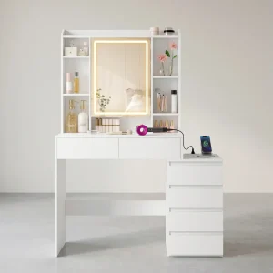 Kaptafel Met LED-Spiegel En Stopcontactstrook - Compact Ontwerp - Praktische Opberglades