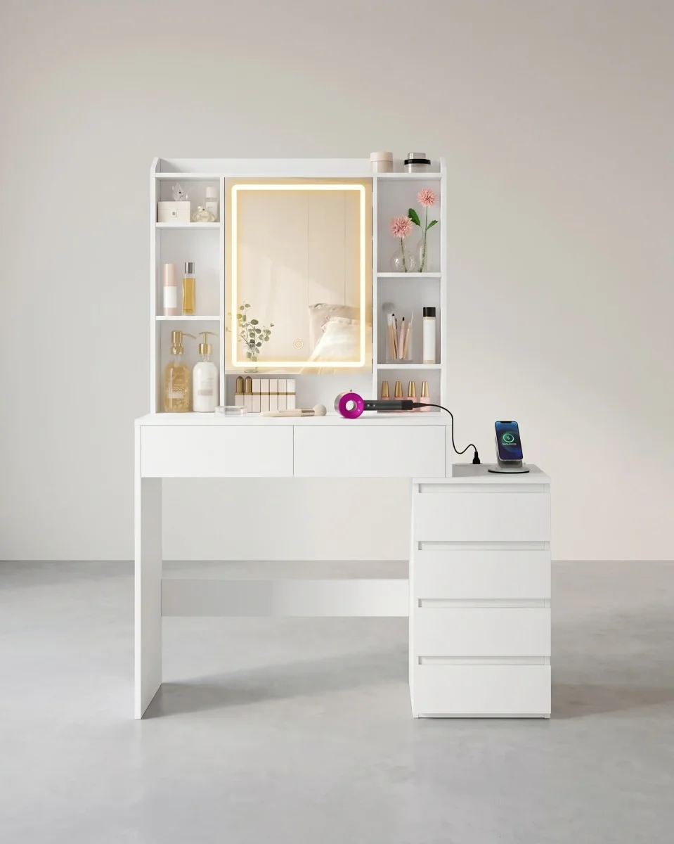 Kaptafel Met LED-Spiegel En Stopcontactstrook - Compact Ontwerp - Praktische Opberglades