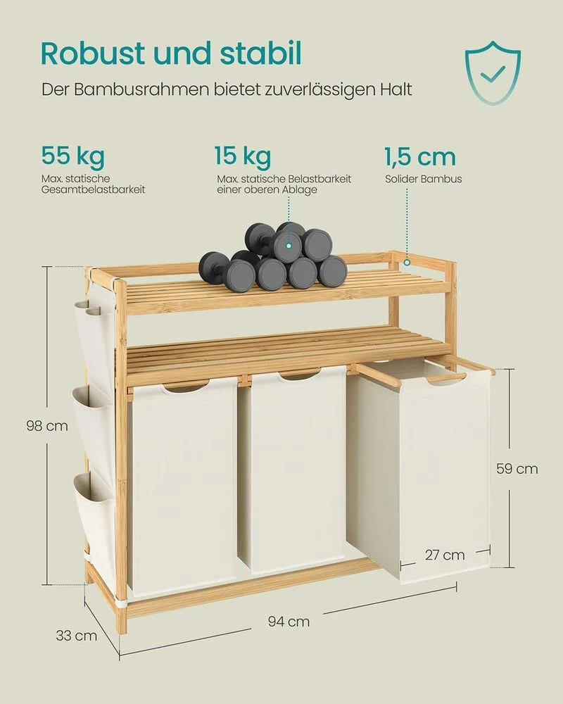 Bamboe Wasmand met 2 Vakken – Met Planken en Zijvakken – 100/150 Liter - Afbeelding 9