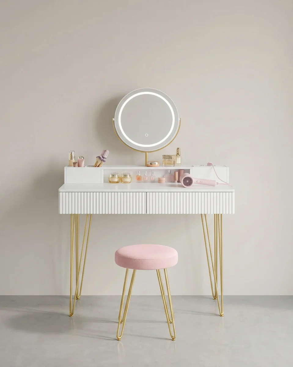 Kaptafel met Kruk - LED Verlichte Spiegel - Luxe Make-up Tafel