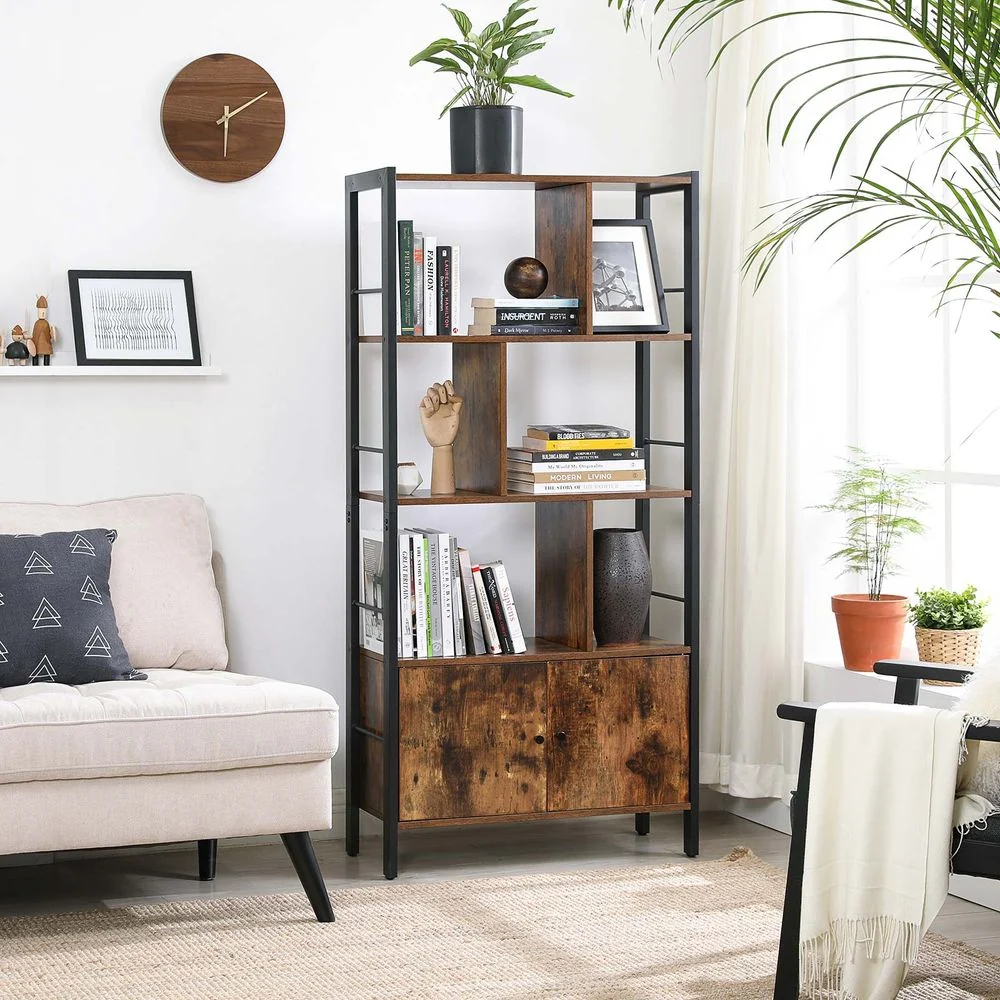 Industriële Boekenkast met Zigzag-Design – 4 Open Planken + Kast met Deuren – voor Woonkamer & Kantoor - Afbeelding 5