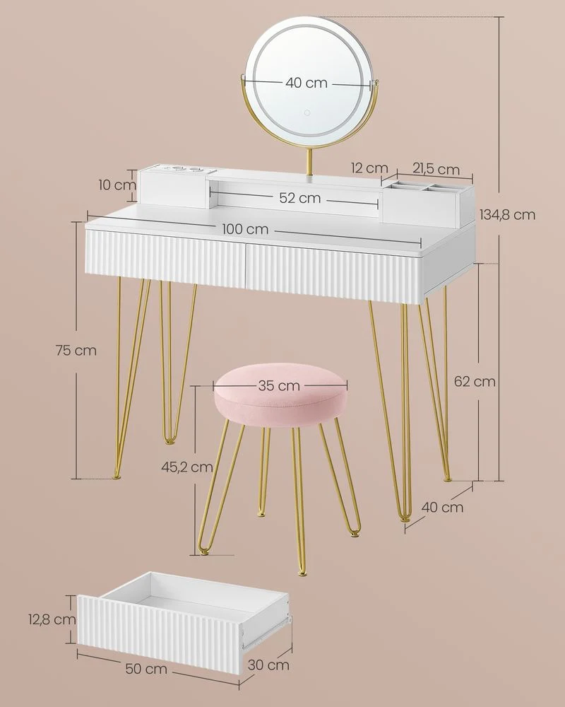 Kaptafel met Kruk - LED Verlichte Spiegel - Luxe Make-up Tafel - Afbeelding 7